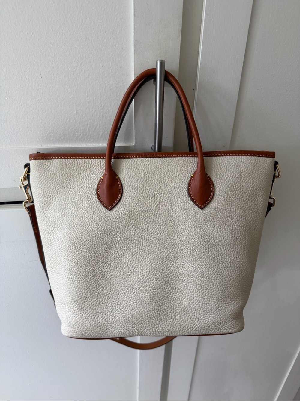 Dooney & Bourke Cream and Brown Pebbled Leather Tote with Charm - Picture 3 of 5